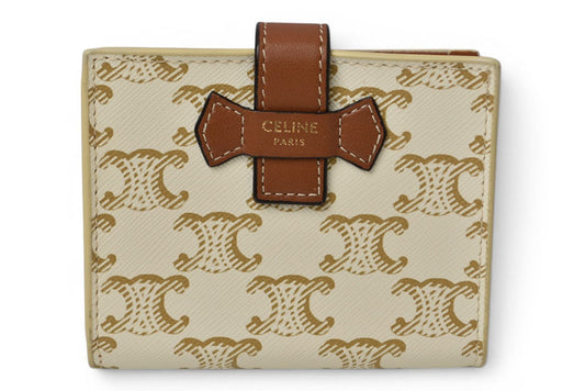 セリーヌ 財布/二つ折 CELINE ミニ財布 トリオンフ ストラップウォレット アイボリー/ブラウン【中古】