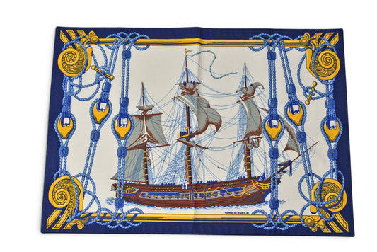 エルメス HERMES 未使用 テーブルリネン/ランチョンマット/キッチンクロス クラシック帆船 ヴィンテージ ブルーマルチ【中古】