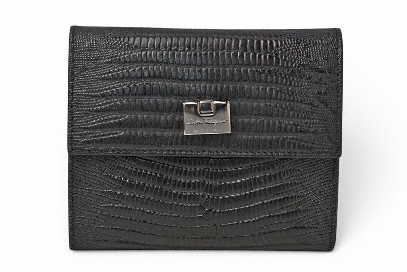 サルヴァトーレフェラガモ 財布/三つ折 Salvatore Ferragamo 折財布 クロコ型押し/ブラック IR-221210【中古】