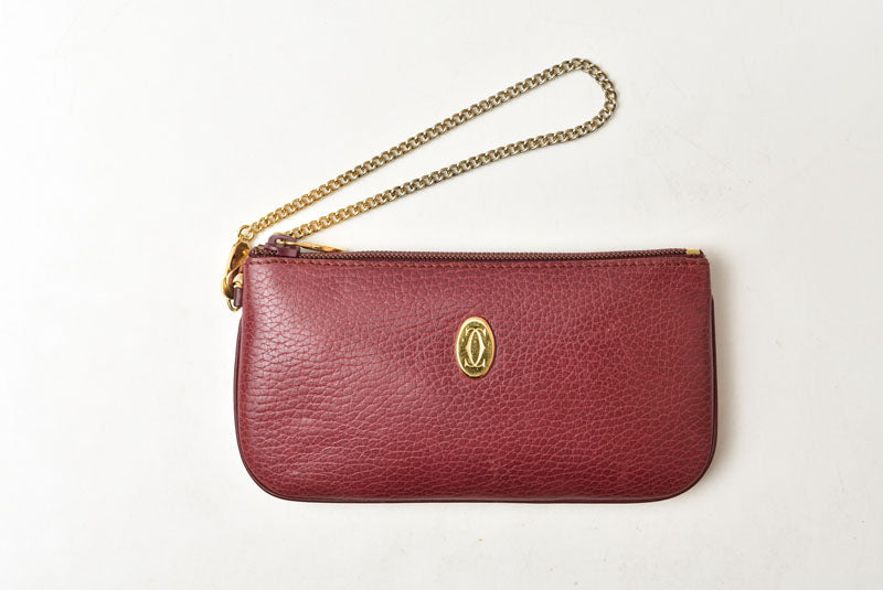 カルティエ コインケース/カードケース/ポーチ ヴィンテージ Cartier マスト ドゥ カルティエ ボルドー チェーン付【中古】