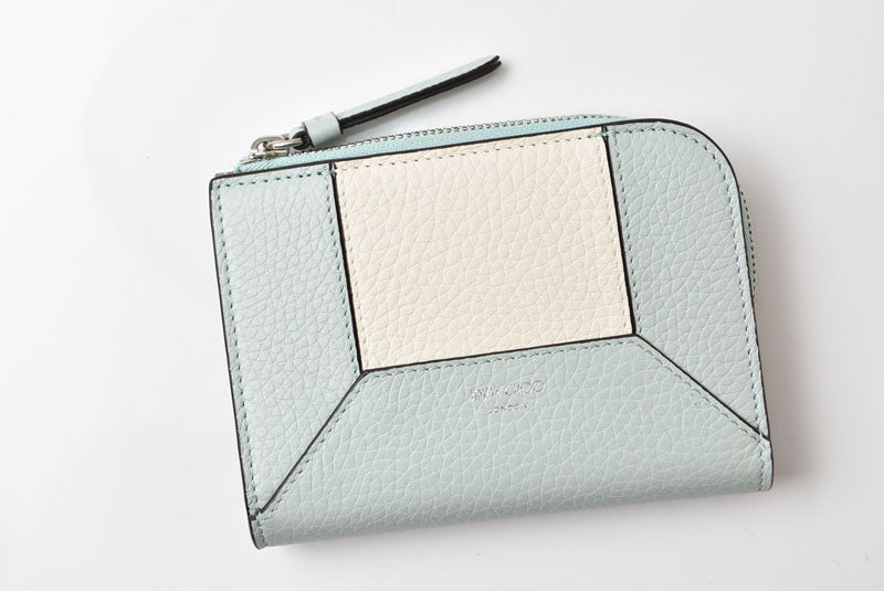 ジミーチュウ 財布 二つ折り JIMMY CHOO 財布 カーフレザー ダイヤモンド コンパクトウォレット ブルー【中古】