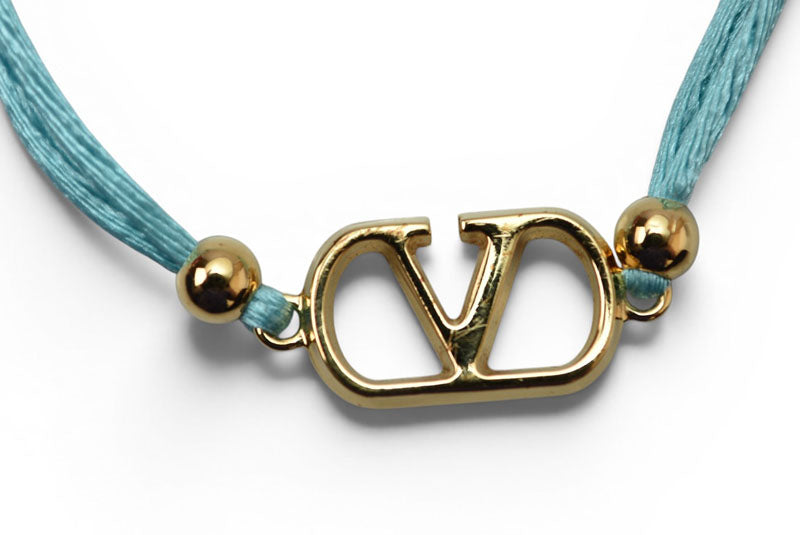 ヴァレンティノ 美品 バングル/ブレスレット VALENTINO バレンチノ Vロゴ シグネチャー コットン/スワロフスキー ターコイズブルー【中古】