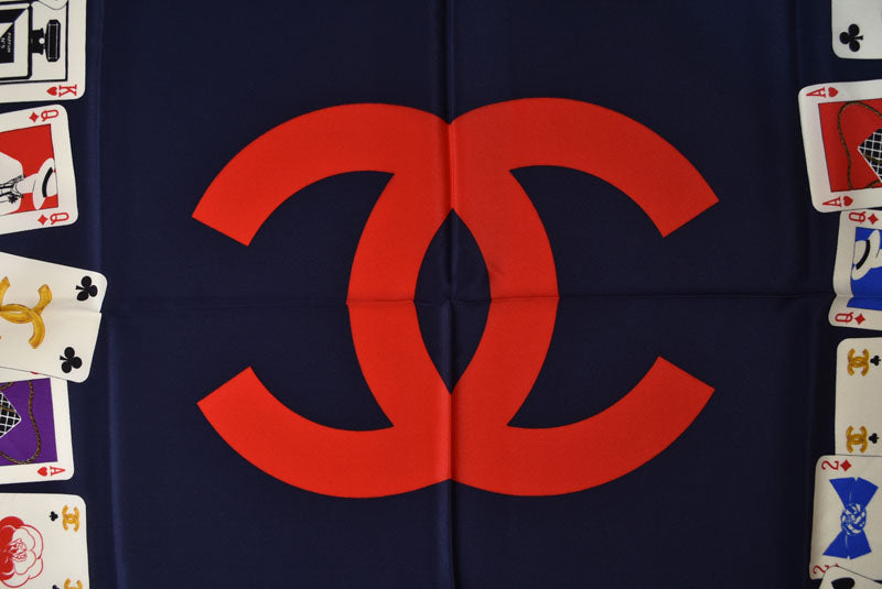 シャネル スカーフ/ストール CHANEL ヴィンテージ ココマーク/CC トランプ柄 シルク ネイビー【中古】