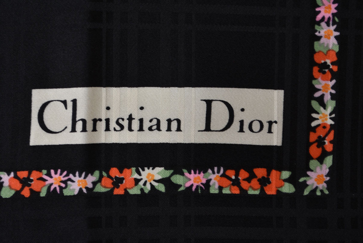 クリスチャンディオール スカーフ ヴィンテージ Christian Dior CDロゴ フラワー柄 ブラック【中古】