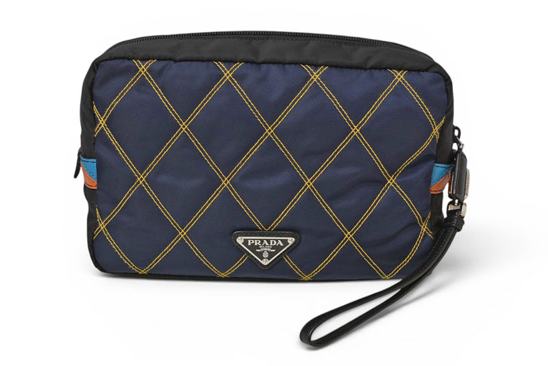 プラダ クラッチバッグ/セカンドバッグ 2NE007 ナイロン/レザー ネイビー/ブラック ポーチ ハンドストラップ付 PRADA メンズ/レディース【中古】