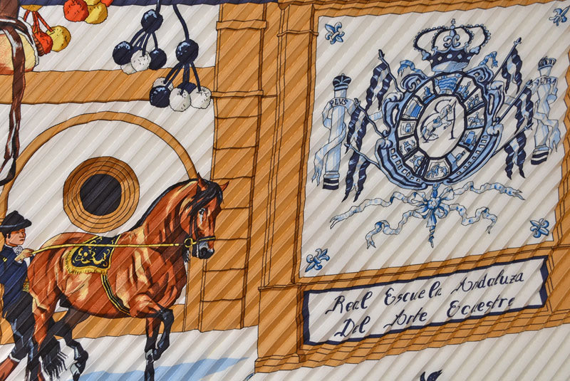 エルメス スカーフ/プリーツカレ HERMES ショール スカーフ ひし形 シルクツイル 馬術学校/Real Escuela Andaluza Del Arte Ecuestre【中古】