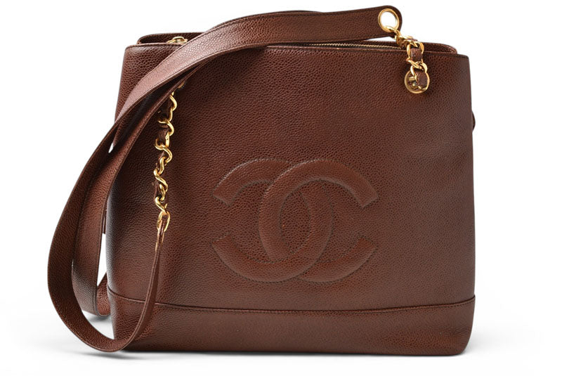 シャネル チェーンショルダーバッグ/トートバッグ CHANEL ココマーク キャビアスキン ブラウン/ゴールド【中古】