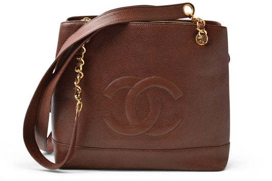 シャネル チェーンショルダーバッグ/トートバッグ CHANEL ココマーク キャビアスキン ブラウン/ゴールド【中古】