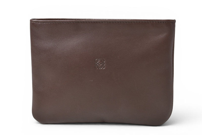 ロエベ コスメポーチ/化粧ポーチ LOEWE フラットポーチ ラムスキン アナグラム ダークブラウン【中古】