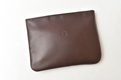ロエベ コスメポーチ/化粧ポーチ LOEWE フラットポーチ ラムスキン アナグラム ダークブラウン【中古】