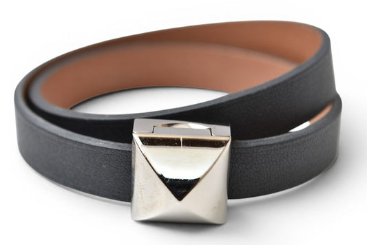 エルメス ブレスレット/バングル メドール アンフィニ ドゥブルトゥール T2 ブラック/シルバー HERMES レザー レディース【中古】