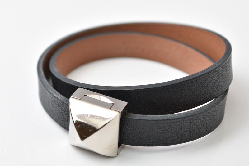 エルメス ブレスレット/バングル メドール アンフィニ ドゥブルトゥール T2 ブラック/シルバー HERMES レザー レディース【中古】