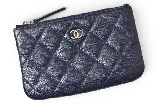 シャネル ポーチ CHANEL クラシック コスメポーチ マトラッセ キャビアスキン ネイビー【中古】