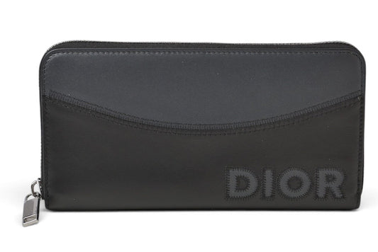 ディオールオム 長財布 Dior Homme ラウンドファスナー レザー ロゴ刺繍/ブラック ラウンドジップウォレット メンズ【中古】