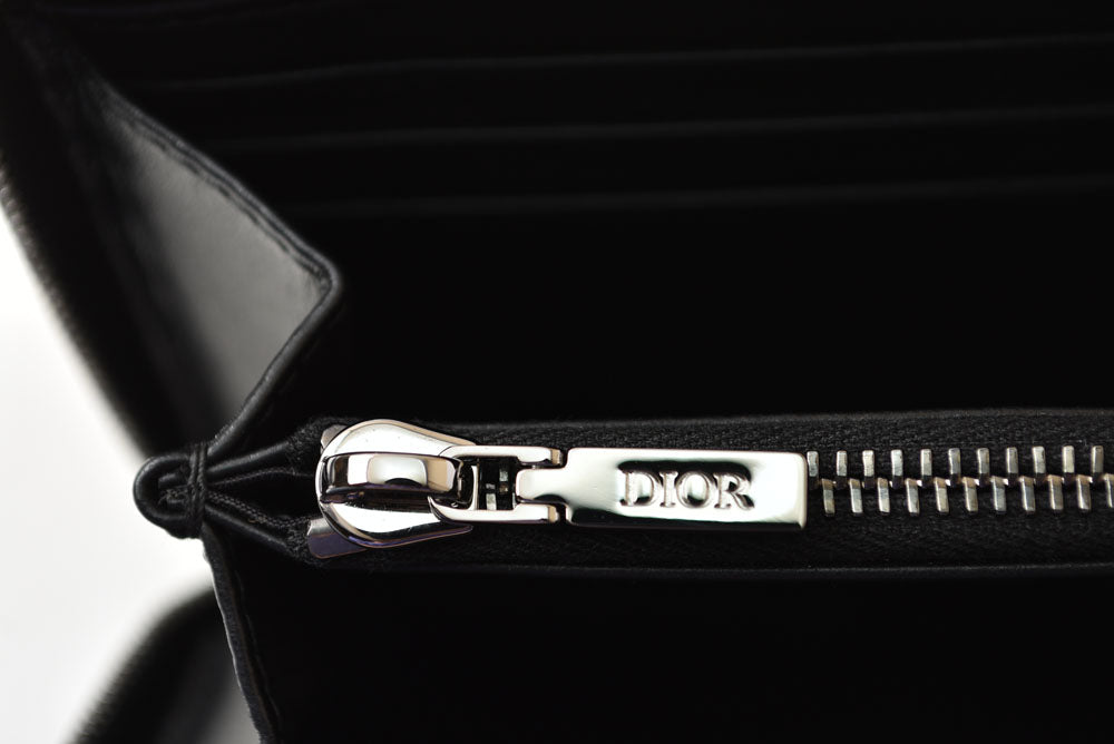 ディオールオム 長財布 Dior Homme ラウンドファスナー レザー ロゴ刺繍/ブラック ラウンドジップウォレット メンズ【中古】