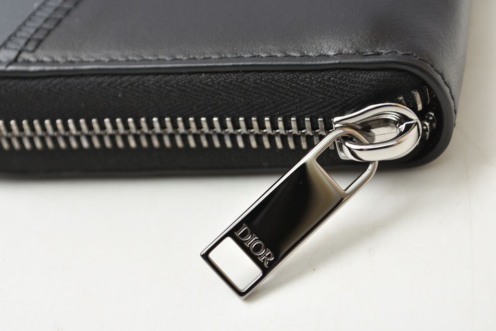 ディオールオム 長財布 Dior Homme ラウンドファスナー レザー ロゴ刺繍/ブラック ラウンドジップウォレット メンズ【中古】