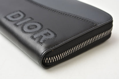 ディオールオム 長財布 Dior Homme ラウンドファスナー レザー ロゴ刺繍/ブラック ラウンドジップウォレット メンズ【中古】
