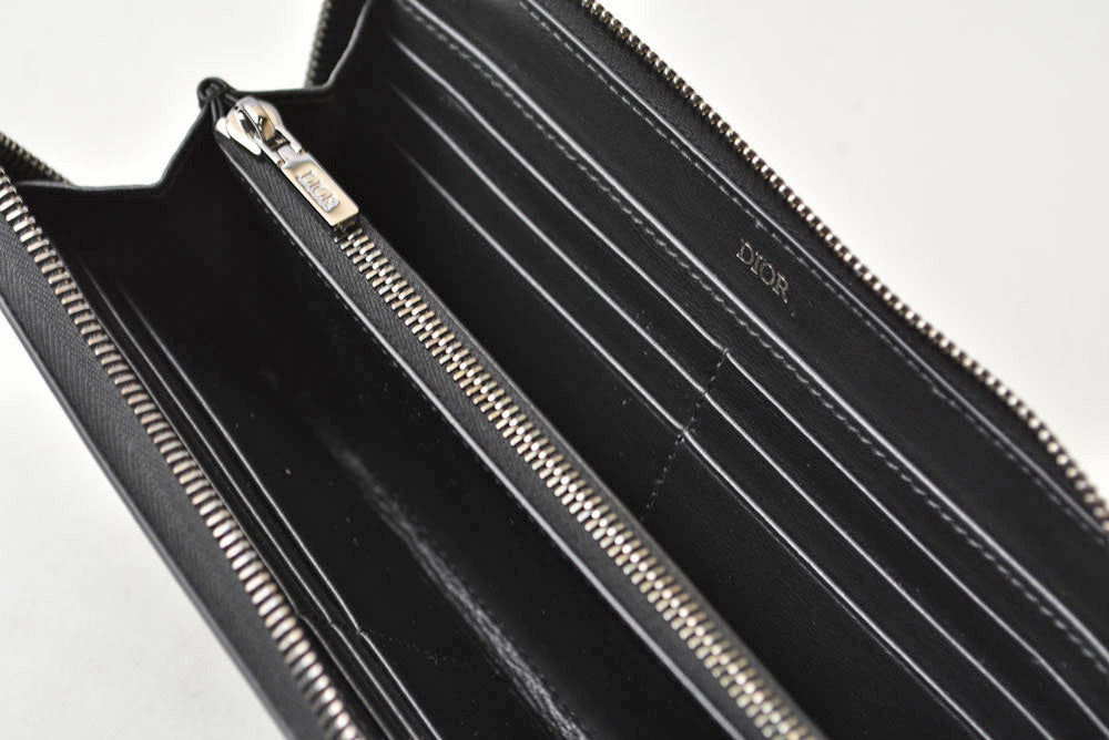 ディオールオム 長財布 Dior Homme ラウンドファスナー レザー ロゴ刺繍/ブラック ラウンドジップウォレット メンズ【中古】
