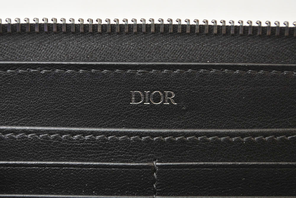 ディオールオム 長財布 Dior Homme ラウンドファスナー レザー ロゴ刺繍/ブラック ラウンドジップウォレット メンズ【中古】