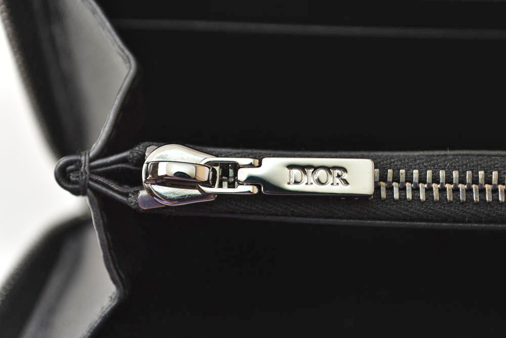 ディオールオム 長財布 Dior Homme ラウンドファスナー レザー ロゴ刺繍/ブラック ラウンドジップウォレット メンズ【中古】