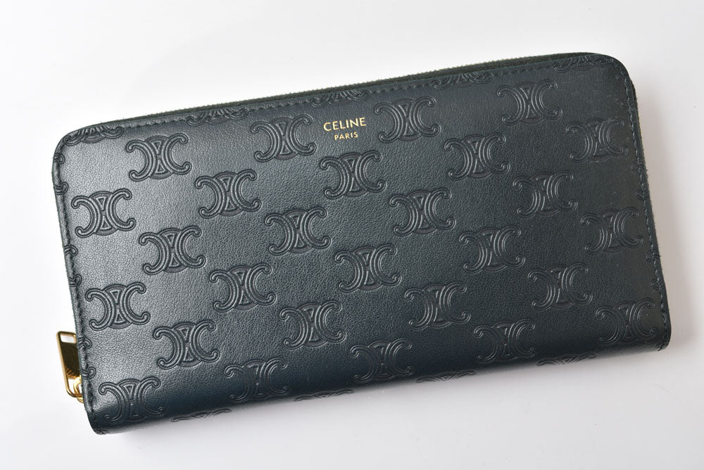セリーヌ 長財布 CELINE 10B553FQC AMAZONE/グリーン トリオンフ エンボス ラージ ジップウォレット/ラウンドファスナー レザー メンズ レディース 【中古】