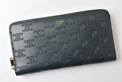 セリーヌ 長財布 CELINE 10B553FQC AMAZONE/グリーン トリオンフ エンボス ラージ ジップウォレット/ラウンドファスナー レザー メンズ レディース 【中古】