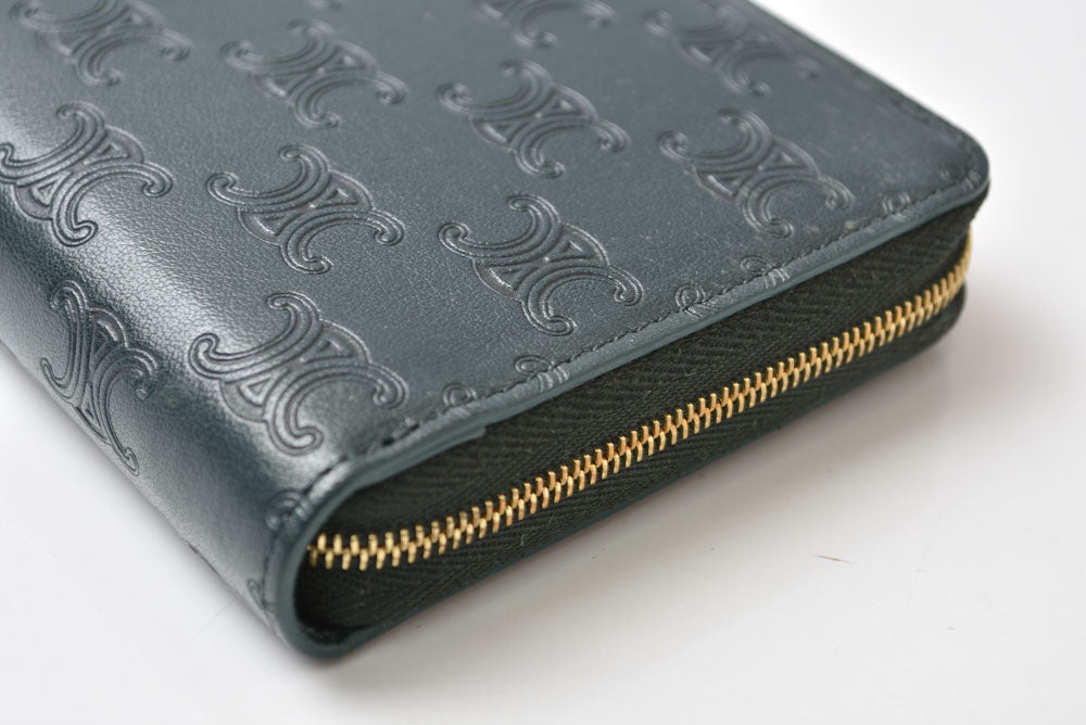 セリーヌ 長財布 CELINE 10B553FQC AMAZONE/グリーン トリオンフ エンボス ラージ ジップウォレット/ラウンドファスナー レザー メンズ レディース 【中古】