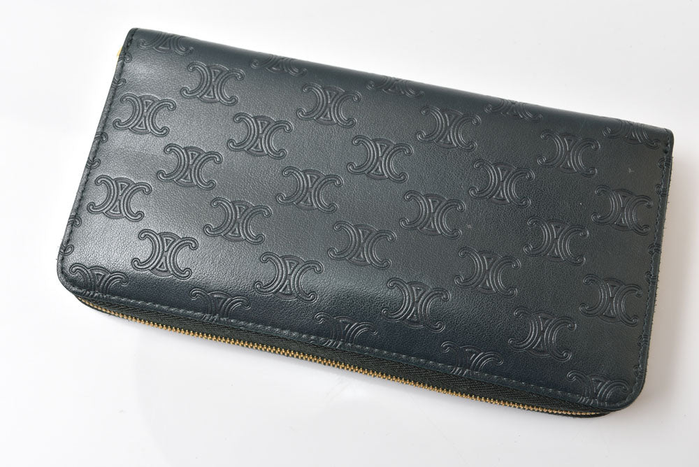 セリーヌ 長財布 CELINE 10B553FQC AMAZONE/グリーン トリオンフ エンボス ラージ ジップウォレット/ラウンドファスナー レザー メンズ レディース 【中古】