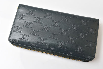 セリーヌ 長財布 CELINE 10B553FQC AMAZONE/グリーン トリオンフ エンボス ラージ ジップウォレット/ラウンドファスナー レザー メンズ レディース 【中古】