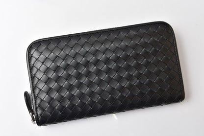 ボッテガヴェネタ 財布 BOTTEGA VENETA 長財布/ラウンドファスナー式 イントレチャート ブラック【中古】