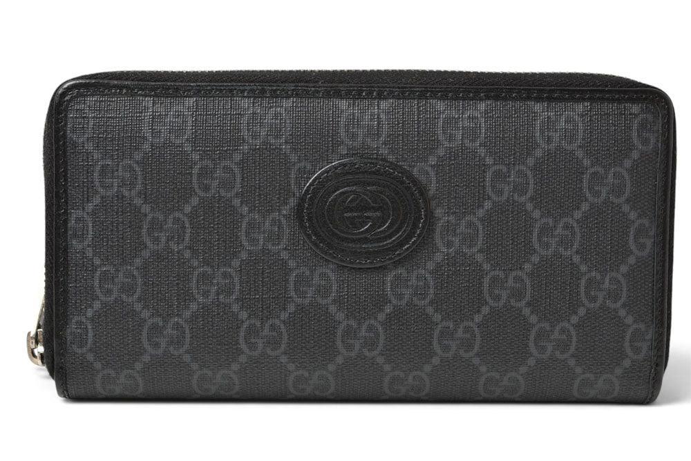 グッチ 財布 673003 インターロッキングG GGスプリーム 長財布 ラウンドファスナー GGグレー/ブラック メンズ レディース GUCCI【中古】