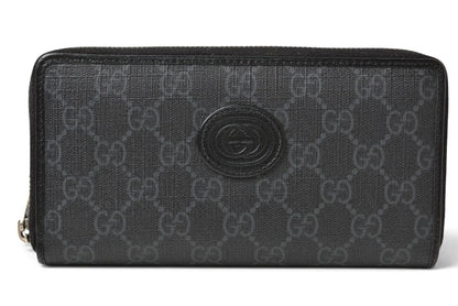 グッチ 財布 673003 インターロッキングG GGスプリーム 長財布 ラウンドファスナー GGグレー/ブラック メンズ レディース GUCCI【中古】