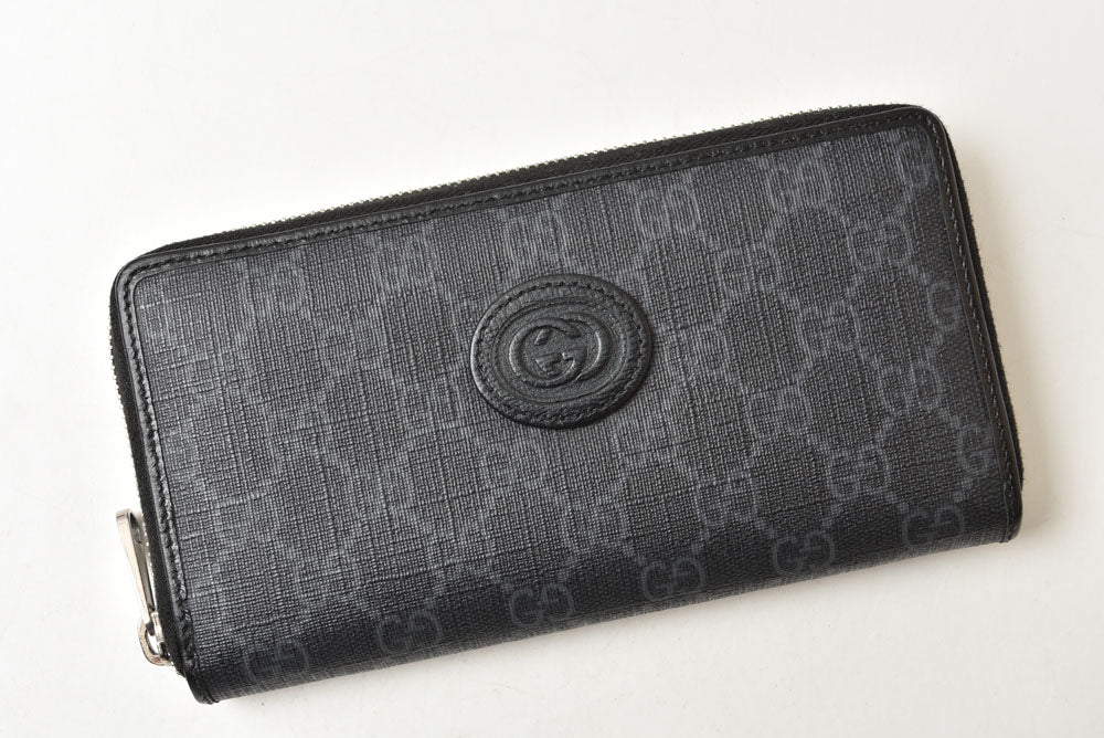 グッチ 財布 673003 インターロッキングG GGスプリーム 長財布 ラウンドファスナー GGグレー/ブラック メンズ レディース GUCCI【中古】