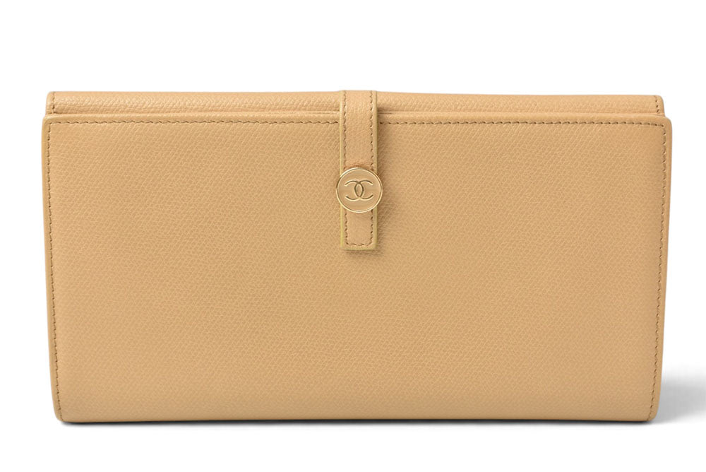 シャネル 美品 財布 ココボタン 二つ折り長財布 レザー ベージュ レディース CHANEL 財布【中古】