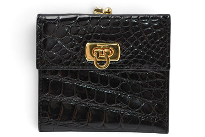 サルヴァトーレフェラガモ ガマ口財布/三つ折 Salvatore Ferragamo ヴィンテージ 折財布 ガンチーニ/ブラック クロコ柄型押し【中古】
