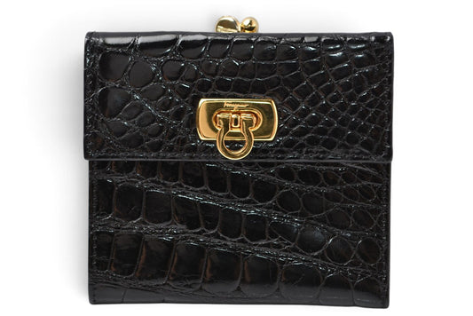 サルヴァトーレフェラガモ ガマ口財布/三つ折 Salvatore Ferragamo ヴィンテージ 折財布 ガンチーニ/ブラック クロコ柄型押し【中古】