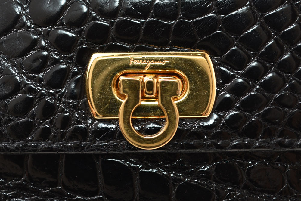 サルヴァトーレフェラガモ ガマ口財布/三つ折 Salvatore Ferragamo ヴィンテージ 折財布 ガンチーニ/ブラック クロコ柄型押し【中古】