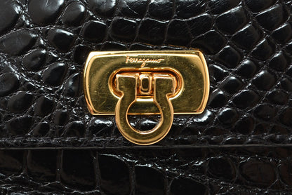 サルヴァトーレフェラガモ ガマ口財布/三つ折 Salvatore Ferragamo ヴィンテージ 折財布 ガンチーニ/ブラック クロコ柄型押し【中古】