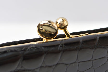 サルヴァトーレフェラガモ ガマ口財布/三つ折 Salvatore Ferragamo ヴィンテージ 折財布 ガンチーニ/ブラック クロコ柄型押し【中古】