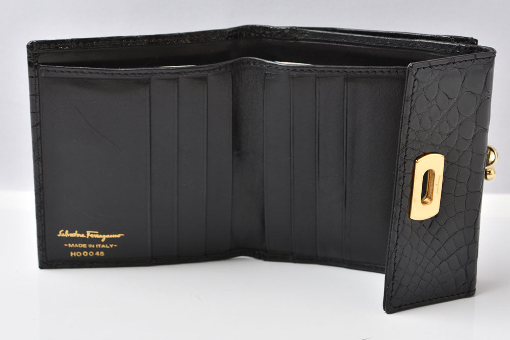 サルヴァトーレフェラガモ ガマ口財布/三つ折 Salvatore Ferragamo ヴィンテージ 折財布 ガンチーニ/ブラック クロコ柄型押し【中古】