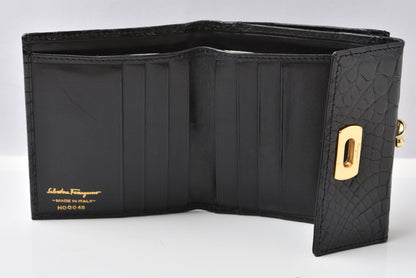サルヴァトーレフェラガモ ガマ口財布/三つ折 Salvatore Ferragamo ヴィンテージ 折財布 ガンチーニ/ブラック クロコ柄型押し【中古】