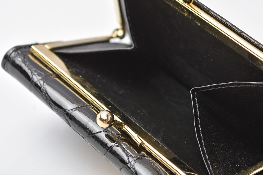 サルヴァトーレフェラガモ ガマ口財布/三つ折 Salvatore Ferragamo ヴィンテージ 折財布 ガンチーニ/ブラック クロコ柄型押し【中古】