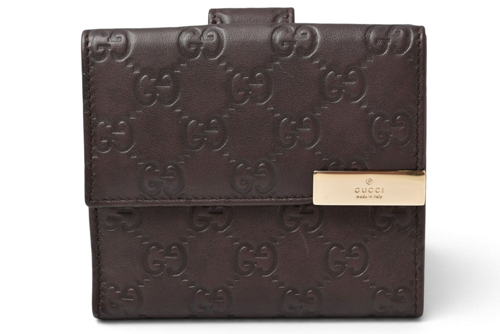 グッチ 二つ折り財布/Wホック財布 GUCCI グッチシマ 257015 レザー ダークブラウン/ゴールド メンズ レディース【中古】