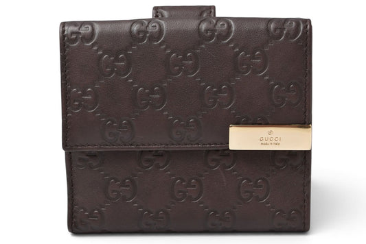 グッチ 二つ折り財布/Wホック財布 GUCCI グッチシマ 257015 レザー ダークブラウン/ゴールド メンズ レディース【中古】