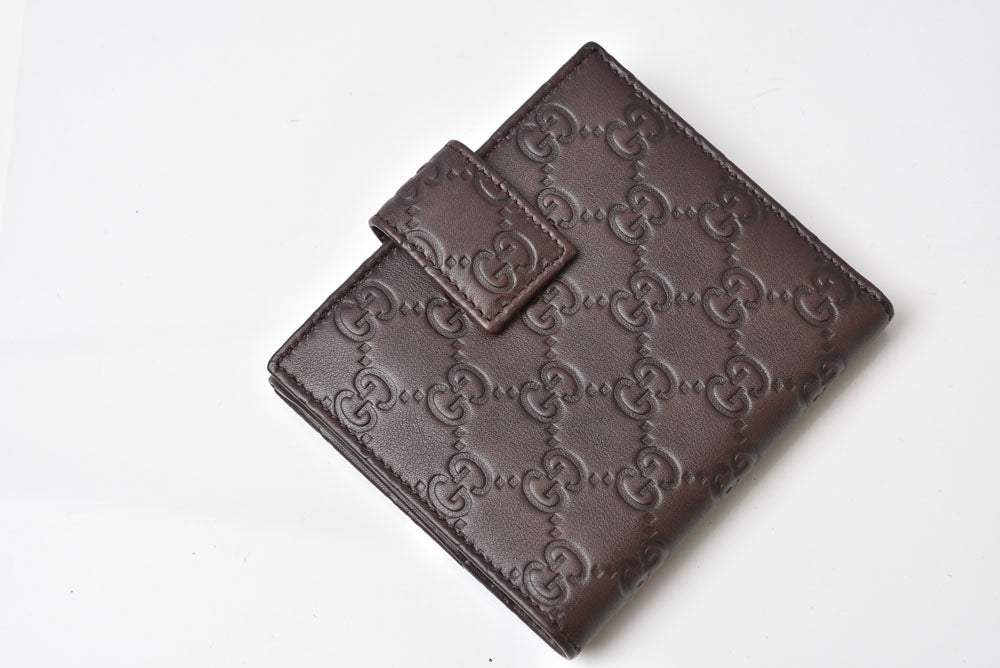 グッチ 二つ折り財布/Wホック財布 GUCCI グッチシマ 257015 レザー ダークブラウン/ゴールド メンズ レディース【中古】