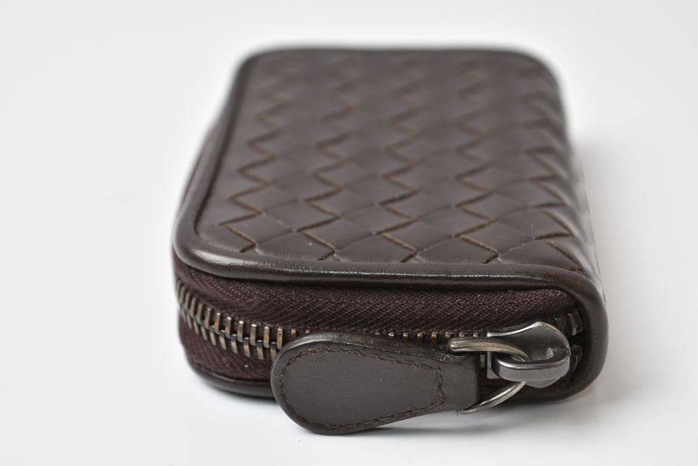 ボッテガヴェネタ カードケース/コインケース BOTTEGA VENETA ミニ財布 イントレチャート レザー ダークブラウン 114075【中古】