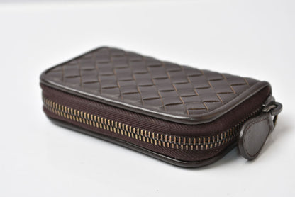 ボッテガヴェネタ カードケース/コインケース BOTTEGA VENETA ミニ財布 イントレチャート レザー ダークブラウン 114075【中古】