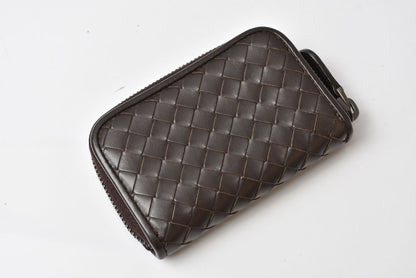 ボッテガヴェネタ カードケース/コインケース BOTTEGA VENETA ミニ財布 イントレチャート レザー ダークブラウン 114075【中古】