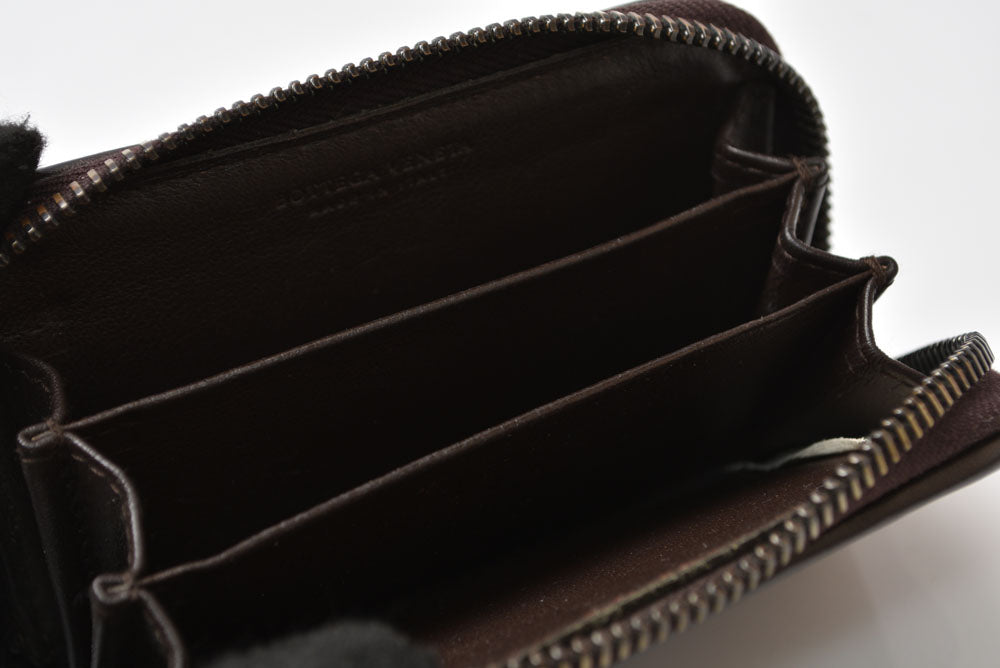 ボッテガヴェネタ カードケース/コインケース BOTTEGA VENETA ミニ財布 イントレチャート レザー ダークブラウン 114075【中古】