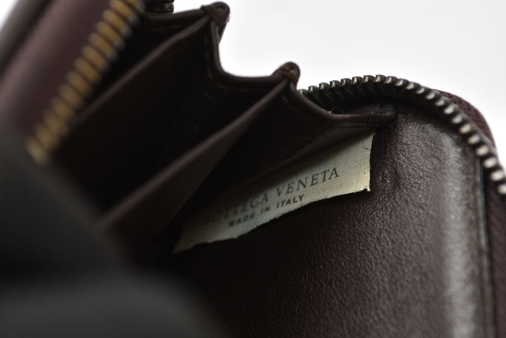 ボッテガヴェネタ カードケース/コインケース BOTTEGA VENETA ミニ財布 イントレチャート レザー ダークブラウン 114075【中古】